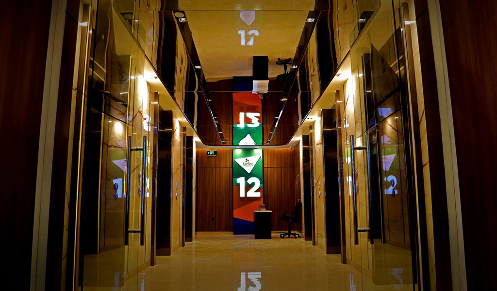 Lobby area of Fairfirst Insurance with its logo
